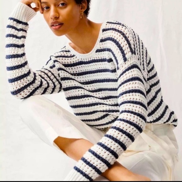 Madewell Austen Open Stitch Navy Blue & White Striped Crewneck Sweater‎ S - Picture 1 of 10
